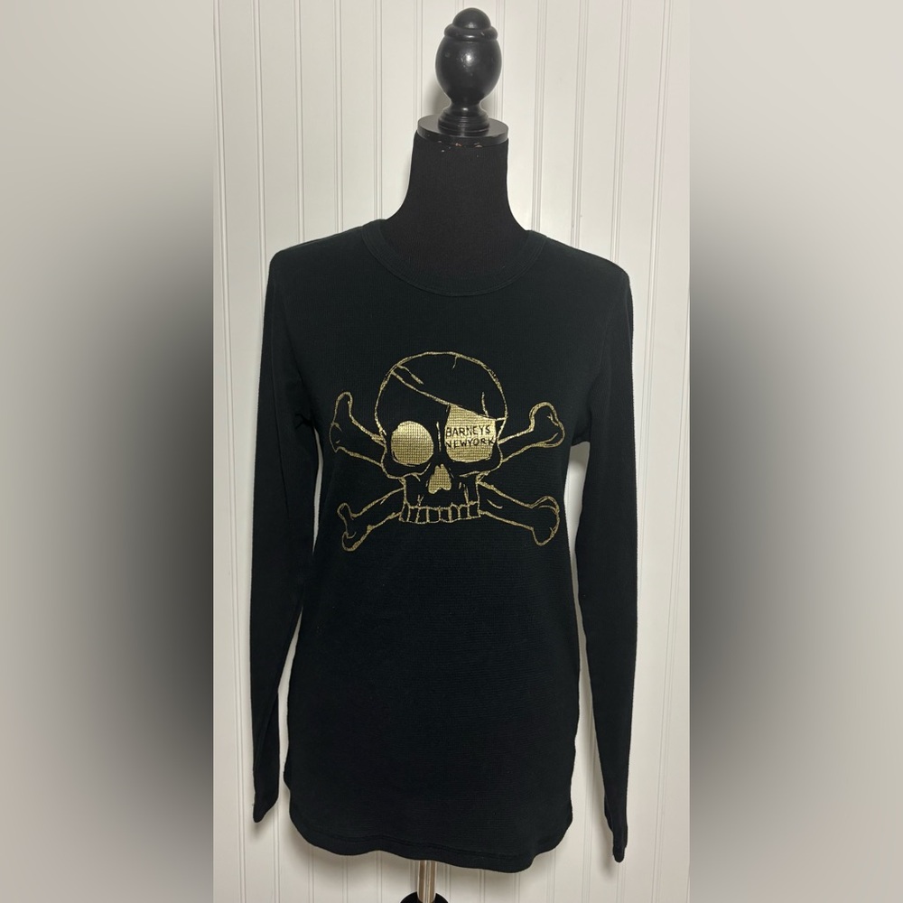 Barneys New York CO-OP Waffle Knit Shirt Mens Size Medium Black Gold Skull